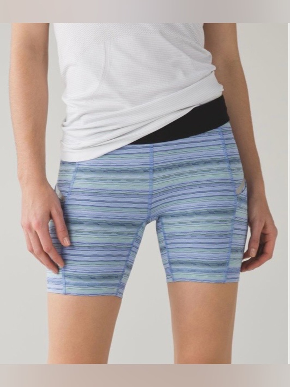 Lululemon Striped Blue Athletic Shorts Sz 8 Black Waistband Running Workouts